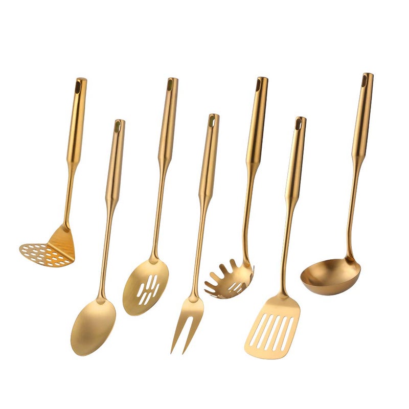 mingcheng 7 Pcs Round Handle Cooking Utensil Set, 304 Stainless Steel Gold Titanium Plated Cookware Sets with Public Fork/Spoon, Potato Mashers, Slotted Spatula, Soup Ladle, Pasta Server, Kitchen Tool Gadget - Image 1